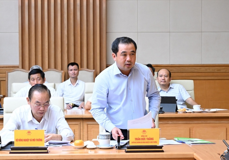 Quyền Bộ trưởng Bộ Nông nghiệp và Môi trường Trần Đức Thắng báo cáo tại cuộc họp - Ảnh: VGP/Nhật Bắc