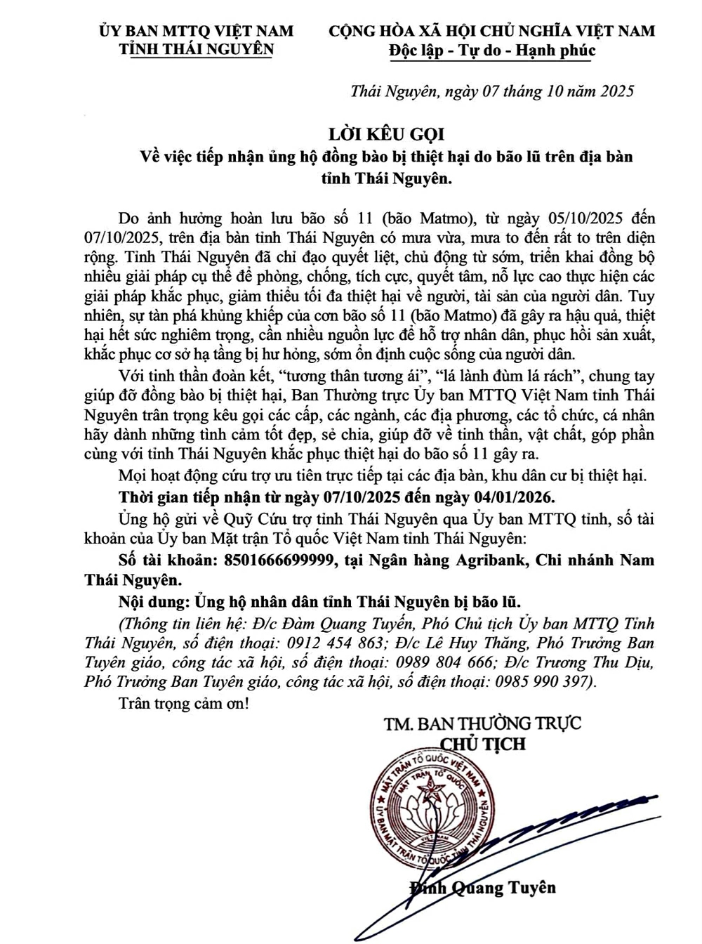 Ủy ban MTTQ Việt Nam tỉnh Thái Nguyên vừa phát đi lời kêu gọi ủng hộ đồng bào bị thiệt hại do bão lũ trên địa bàn tỉnh sau ảnh hưởng của hoàn lưu bão số 11.
