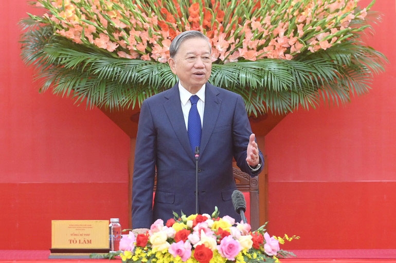 Tổng Bí thư Tô Lâm phát biểu tại buổi gặp mặt. (Ảnh: ĐĂNG KHOA) 