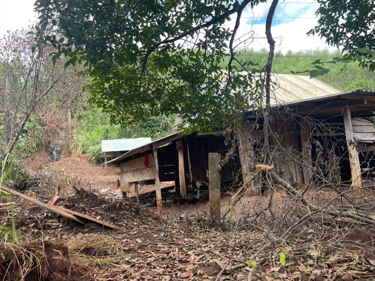 Căn nhà của ông Bùi Hồng Vũ ở xã miền núi Phước Hiệp cũng bị đổ nát sau sạt lở. (Ảnh Huy Trường)