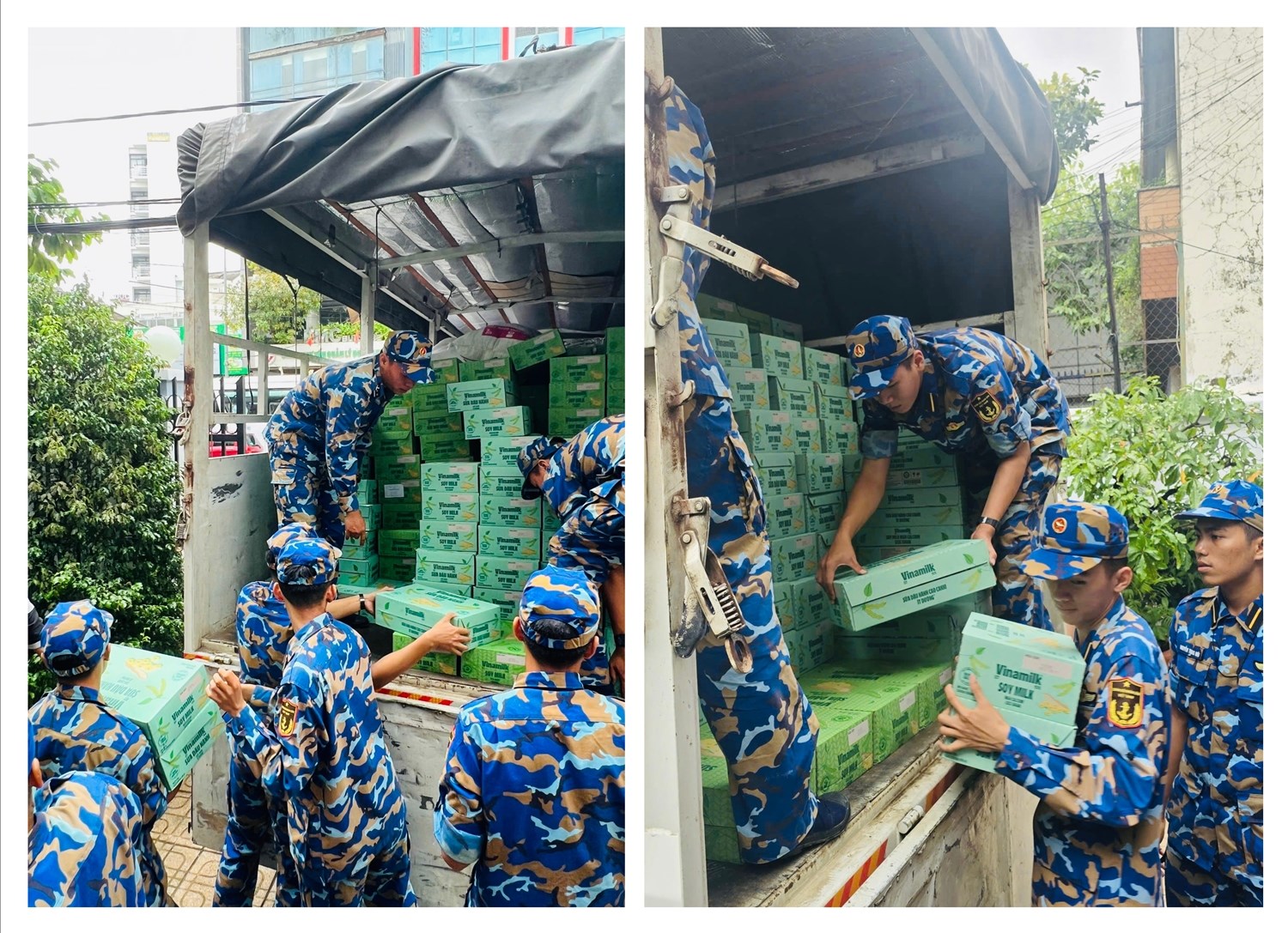 Các chiến sĩ Trung tâm Huấn luyện Vùng 4 Hải quân đang chuyền nhau các sản phẩm dinh dưỡng Vinamilk, sẵn sàng vận chuyển đến tận tay bà con vùng lũ - Ảnh: Vi Nam
