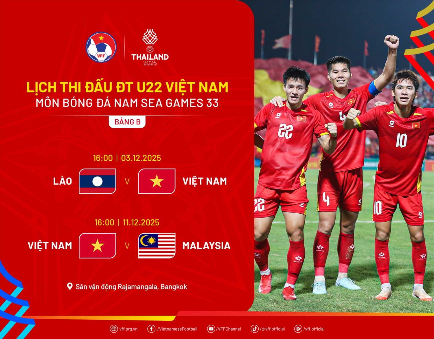 Lịch thi đấu vòng bảng của đội tuyển U22 Việt Nam tại SEA Games 33 (Ảnh VFF)