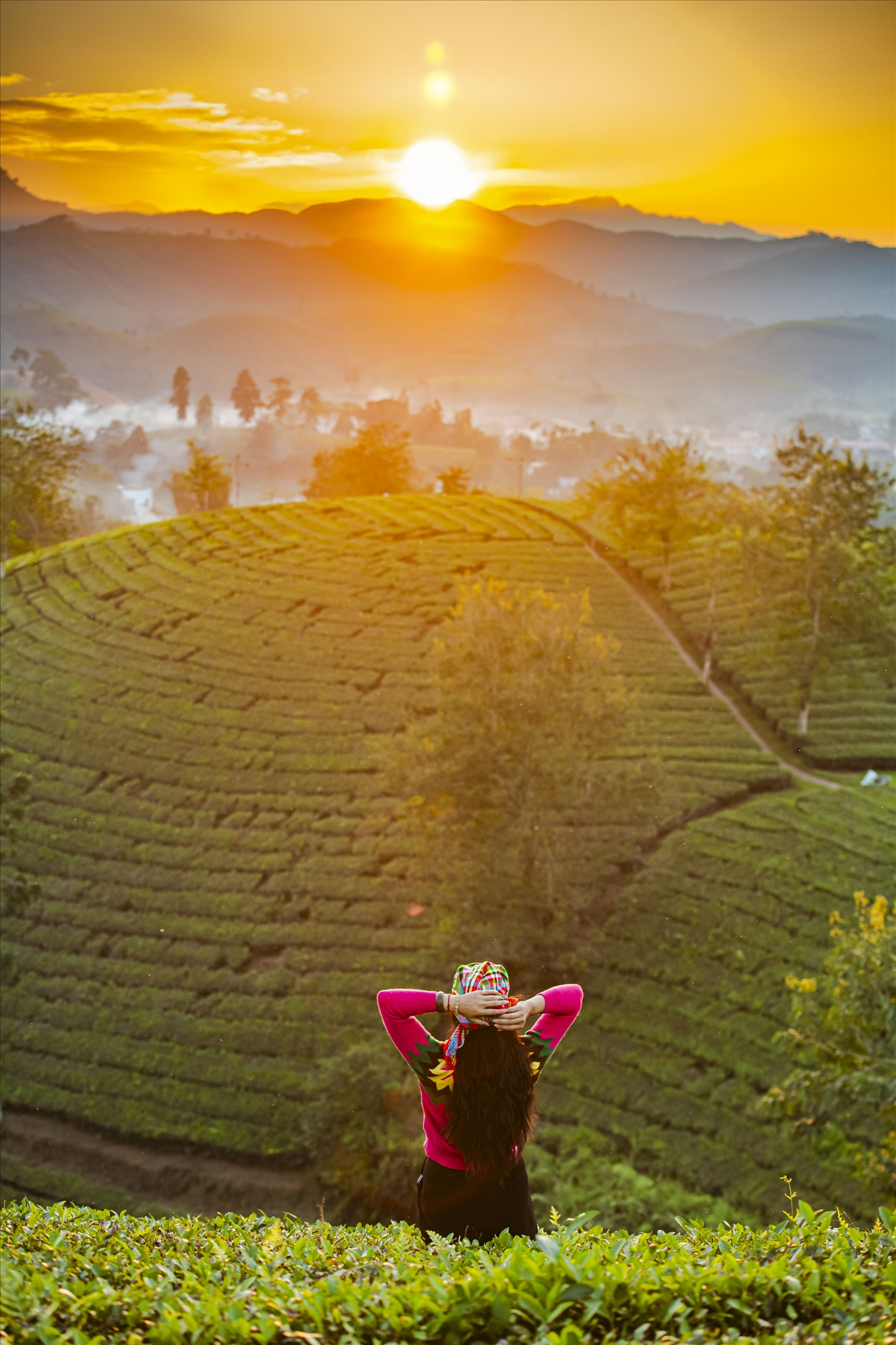 Một du khách đang tận hưởng khoảnh khắc thanh bình, thả hồn vào cảnh đẹp thiên nhiên hùng vĩ của đồi chè. 