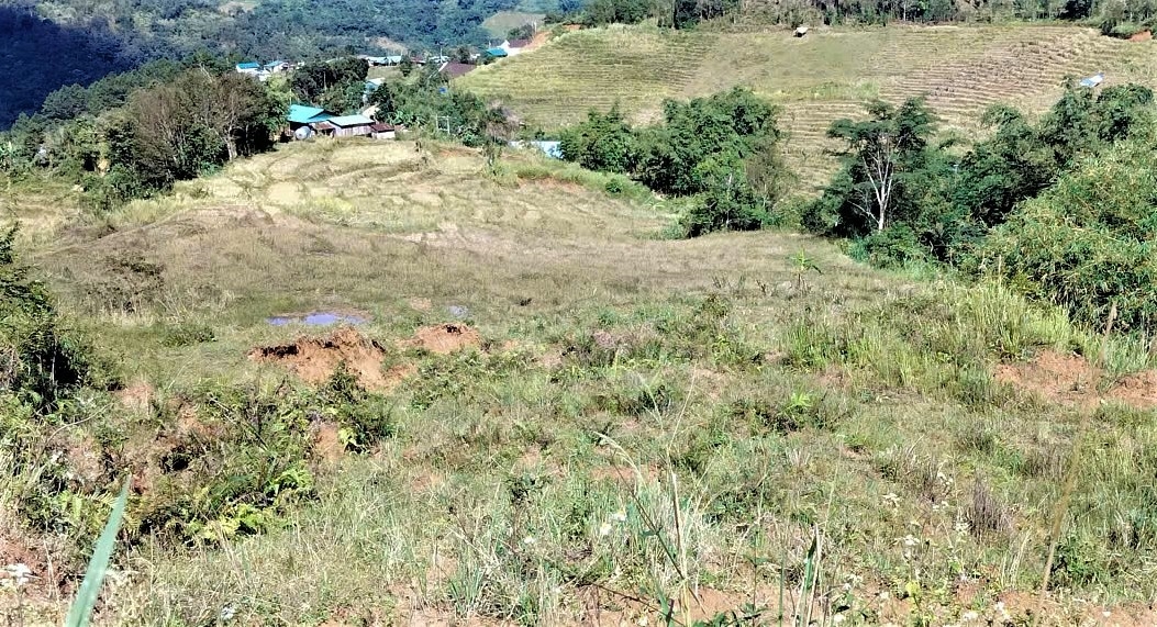 Vết nứt trên đồi đe dọa khu dân cư có 54 hộ đồng bào Xơ Đăng đang sinh sống. (Ảnh: Ngọc Chí)