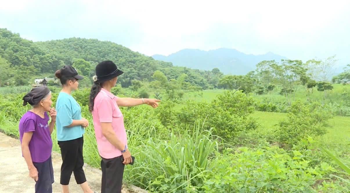 Bà Hứa Thị Xuân (áo hồng) Người có uy tín của thôn, luôn gần gũi và tận tình hỗ trợ bà con trong mọi công việc. (Ảnh: Hiển Quân)