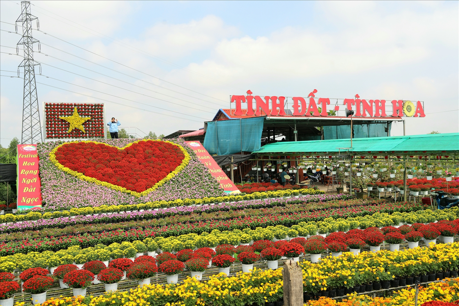 Toàn bộ tiểu cảnh được tạo nên từ 5 loại hoa, tổng cộng 1.500 giỏ, trở thành biểu tượng vừa rực rỡ sắc màu, vừa giàu giá trị tinh thần giữa lòng làng hoa trăm năm tuổi Sa Đéc.