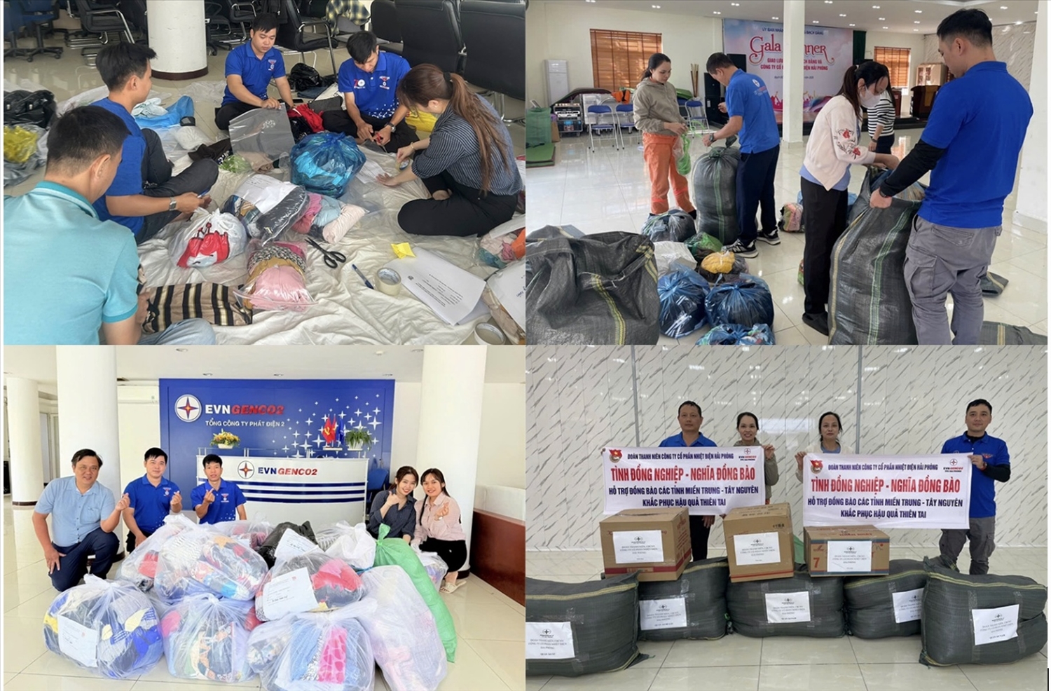 Lực lượng đoàn viên thanh niên EVNGENCO2 phân loại quần áo và đóng gói cẩn thận trước khi vận chuyển về điểm tập kết 