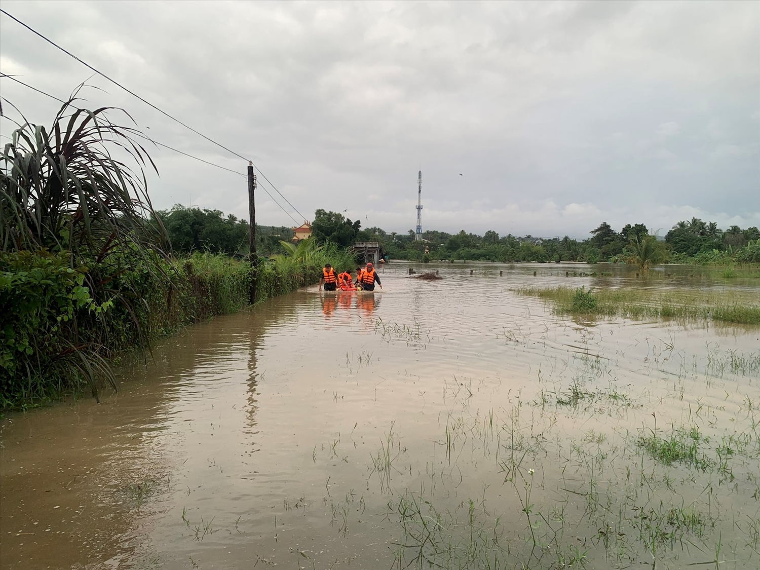 Lực lượng chức năng di dời Nhân dân vùng lũ tới nơi an toàn (Ảnh MH)