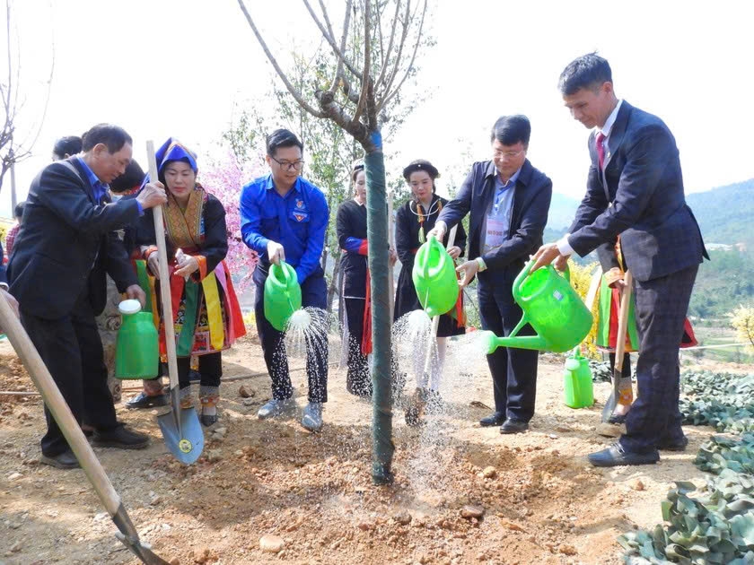 Các đại biểu tham gia trồng cây hoa Anh đào tại Lễ hội Hoa Anh đào - Kỳ Thượng năm 2025