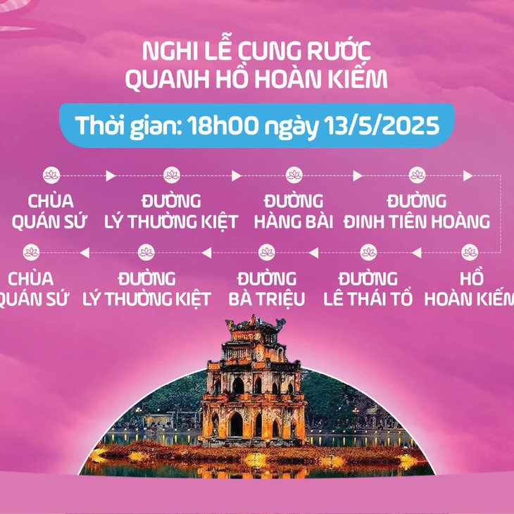 Nghi lễ cung rước Xá lợi Đức Phật quanh hồ Hoàn Kiếm vào 18h ngày 13/5. (Ảnh: BTC)