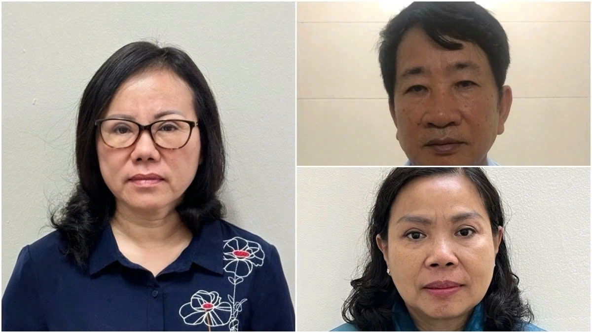 Bị can Trương Thị Thu Hương (trái) và các bị can trong vụ án