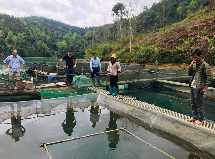 Ban Quản lý các Chương trình MTQG xã Bắc La kiểm tra cá tại lồng nuôi của các hộ tham gia Dự án 2 - Đa dạng hóa sinh kế, phát triển mô hình giảm nghèo thuộc Chương trình mục tiêu quốc gia giảm nghèo bền vững năm 2024, thuộc 2 thôn Nà Sòm, Hát Lốc. Ảnh: Hà Thị Lai