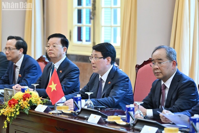 Chủ tịch nước Lương Cường phát biểu tại hội đàm.