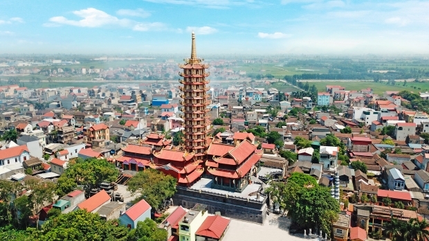 Chùa Thánh Quang (tỉnh Bắc Ninh) với Tháp Đại Bi Kim Cương có hệ thống 158 tượng đồng mạ vàng và 108 chuông đồng mạ vàng đánh một tiếng vang tự động nhiều nhất thế giới.