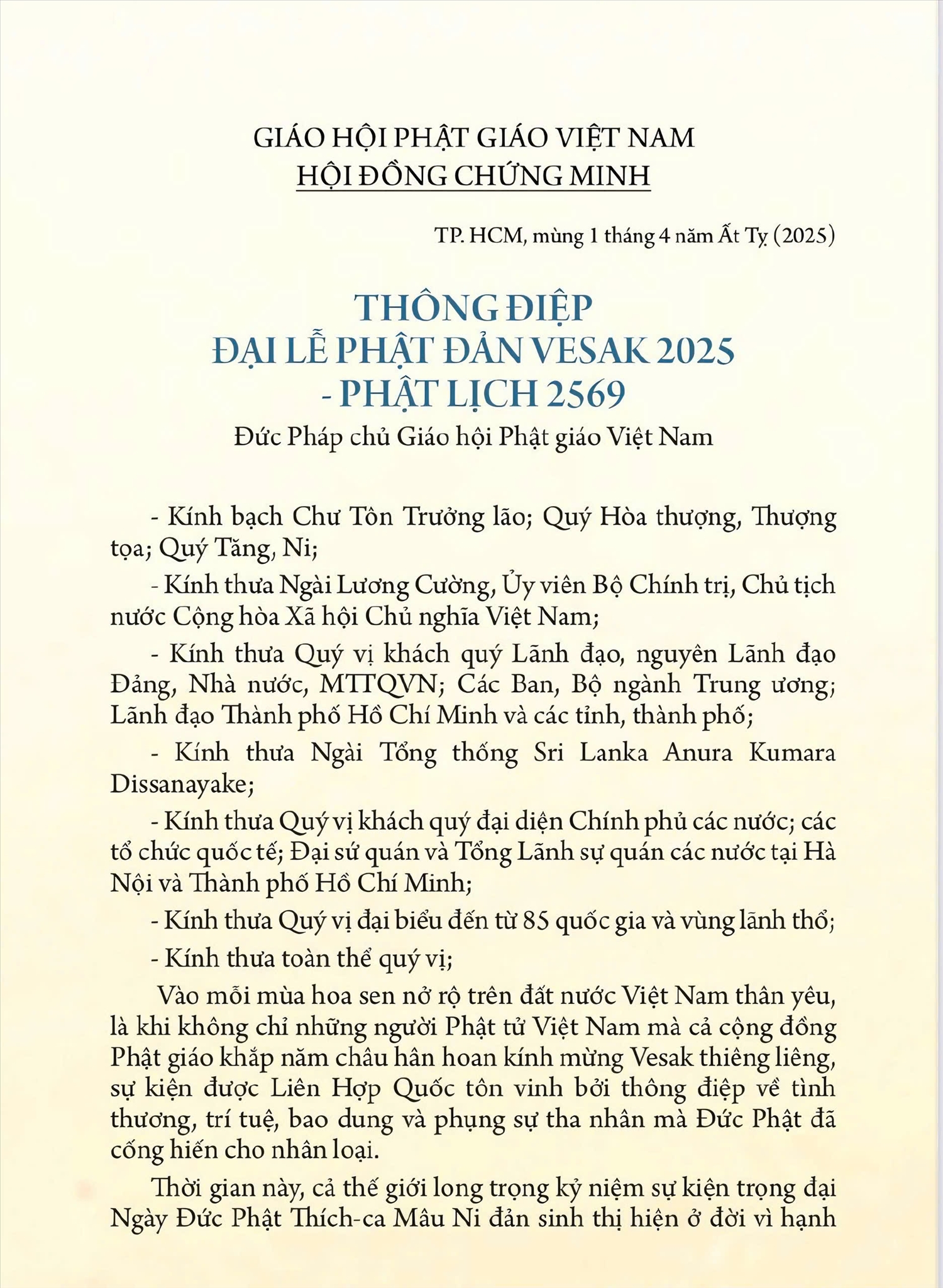 Thông điệp Đại lễ Phật Đản Vesak 2025 - Phật Lịch 2569 của Đức Pháp chủ Giáo hội Phật giáo Việt Nam