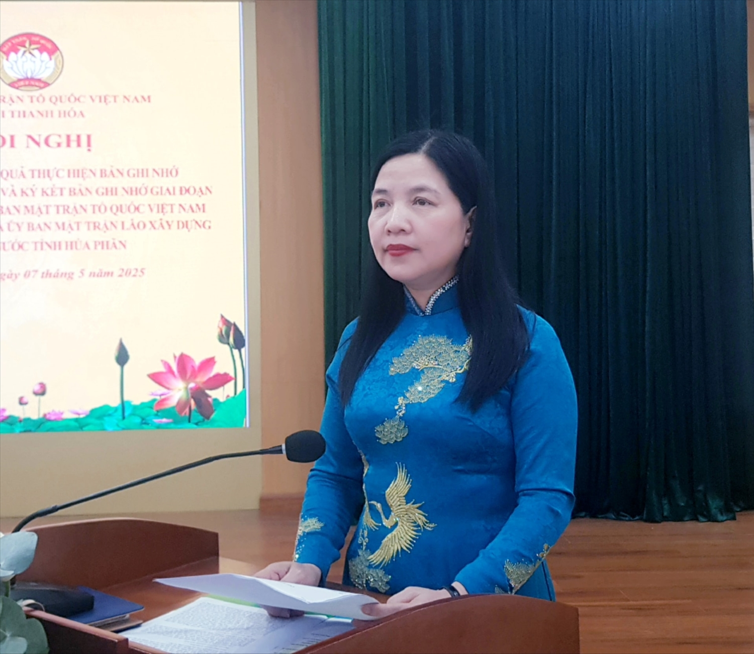 Chủ tịch Ủy ban Mặt trận Tổ quốc tỉnh Thanh Hóa Phạm Thị Thanh Thủy phát biểu tại hội nghị