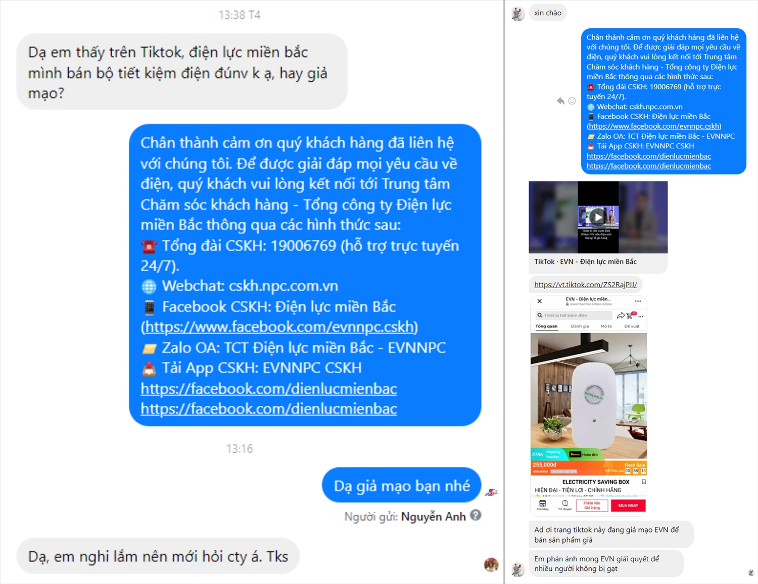 Hình ảnh khách hàng phản ánh tới fanpage Tổng công ty Điện lực miền Bắc