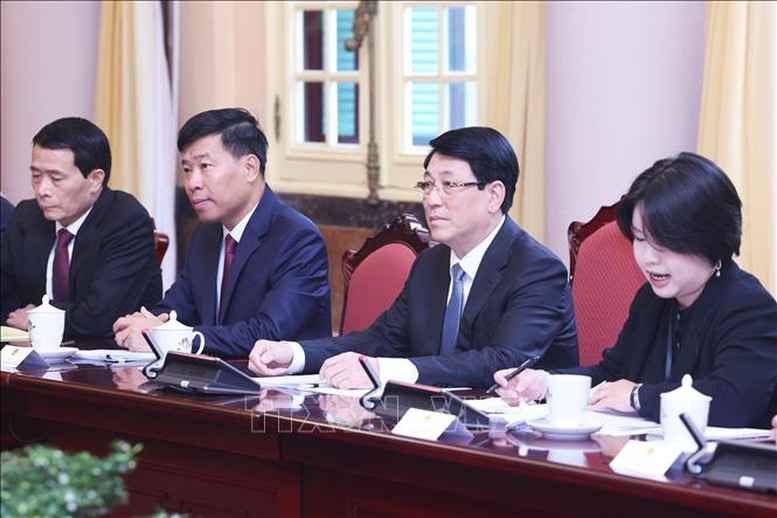 Chủ tịch nước Lương Cường tiếp đại sứ, đại biện các nước thành viên Liên minh châu Âu (EU) tại Việt Nam. Ảnh: Lâm Khánh/TTXVN