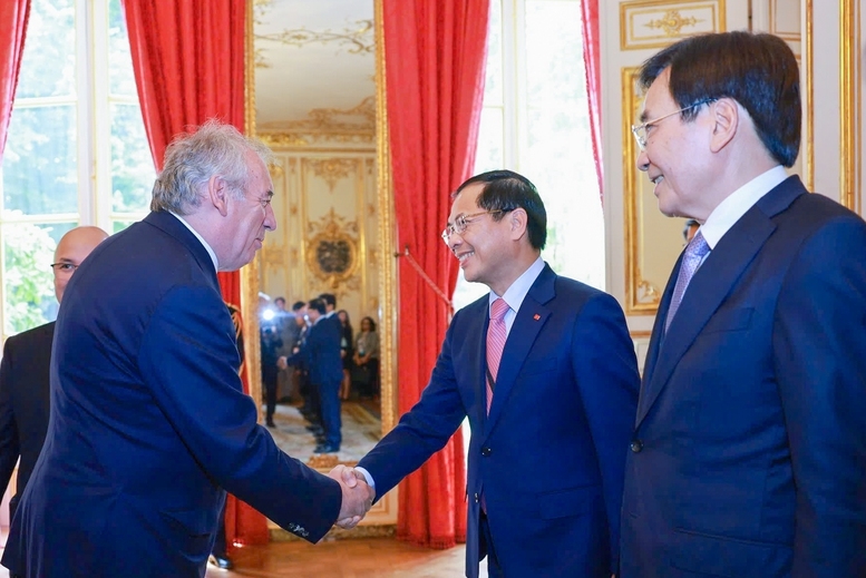 Thủ tướng Phạm Minh Chính giới thiệu với Thủ tướng Pháp Francois Bayrou các thành viên đoàn Việt Nam - Ảnh: VGP/Nhật Bắc