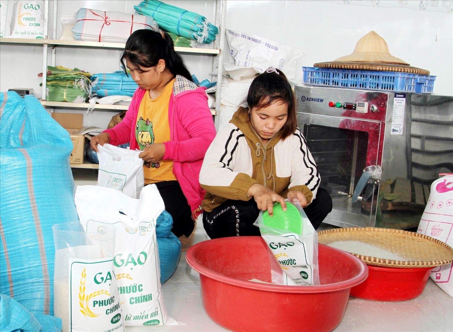 Lao động HTX DVNN tổng hợp Phước Chính đóng gói gạo đạt tiêu chuẩn OCOP cung cấp thị trường trong và ngoài tỉnh. 