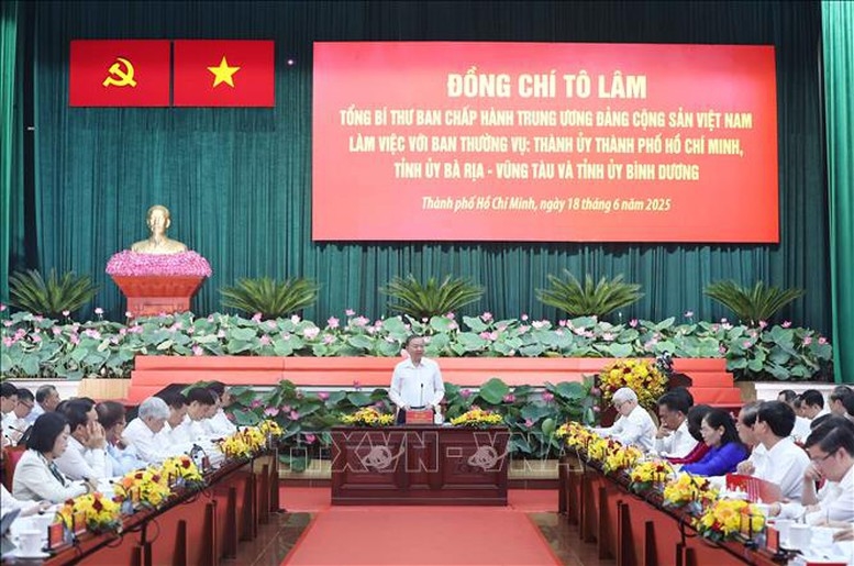 Tổng Bí thư Tô Lâm và Đoàn công tác Trung ương làm việc với Ban Thường vụ Thành ủy TPHCM, Ban Thường vụ Tỉnh ủy Bà Rịa – Vũng Tàu, Ban Thường vụ Tỉnh ủy Bình Dương. Ảnh: TTXVN