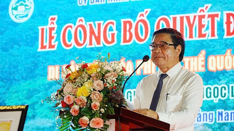 Phó Chủ tịch Ủy ban nhân dân huyện Nam Trà My Nguyễn Thế Phước phát biểu tại buổi lễ. Ảnh:TL