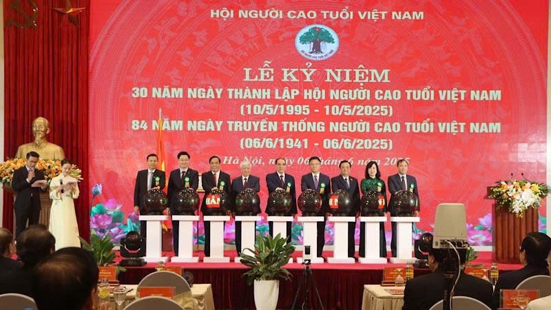 Các đại biểu thực hiện nghi thức ấn nút khởi động Chương trình nhân đạo “Mắt sáng cho người cao tuổi