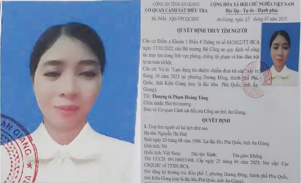 Quyết định truy tìm Nguyễn Thị Huệ. (Ảnh: Tiến Tầm)