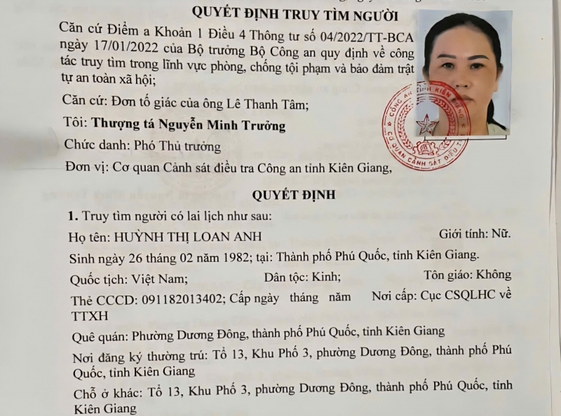 Quyết định truy tìm đối với Huỳnh Thị Loan Anh.