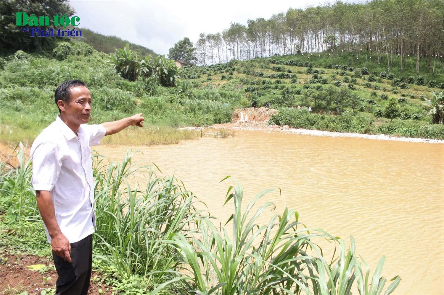 Ông Giáp Văn Giang bức xúc khi ao nuôi cá bị rác thải bủa vây. (Ảnh: Ngọc Chí)