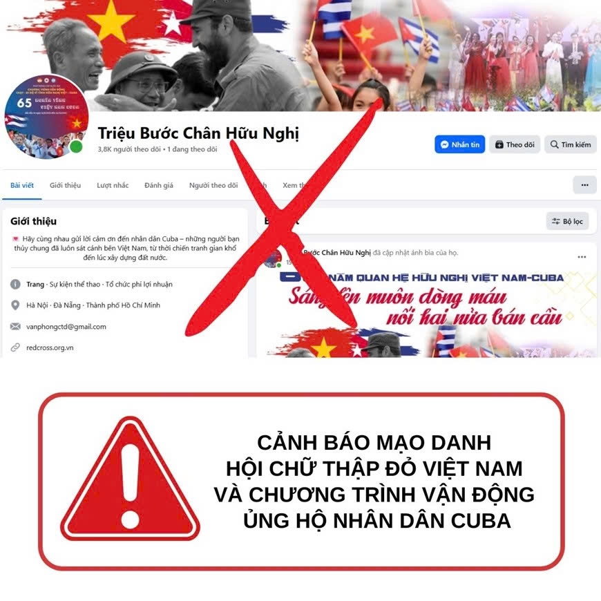 Trang Facebook giả mạo, lợi dụng Chương trình vận động ủng hộ nhân dân Cuba. Ảnh: Facebook của Hội Chữ thập đỏ Việt Nam