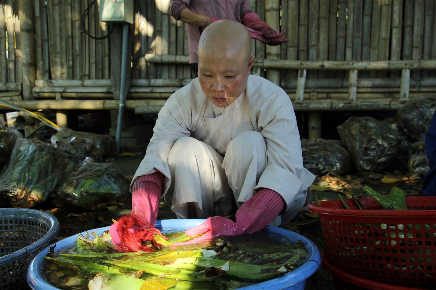 Sư thầy Thích Đàm Ngoan trồng nấm, mộc nhĩ, làm tinh dầu sả... để trang trải cho hoạt động thiện nguyện (ảnh PV)