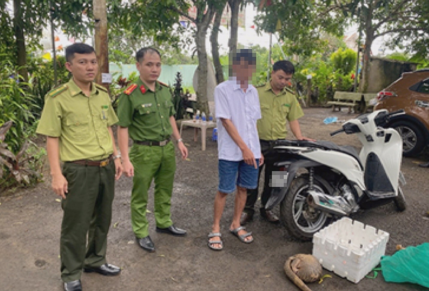 Đối tượng N.T.H. cùng con tê tê java lúc bị bắt quả tang (Ảnh: Báo Sài Gòn giải phóng)