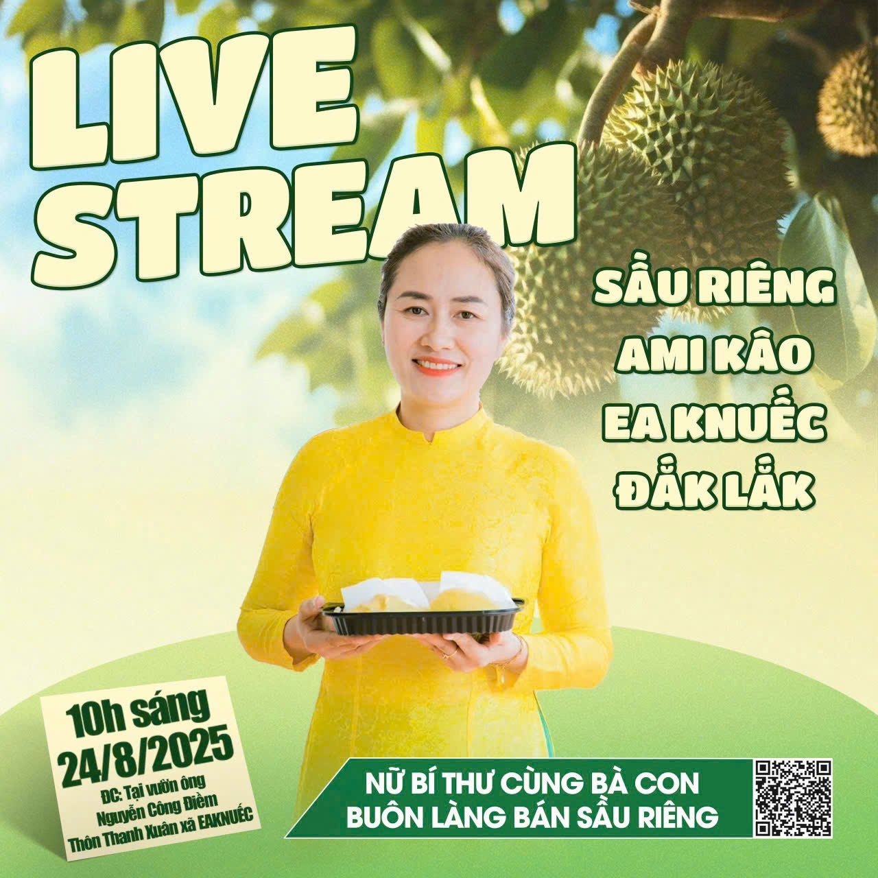 Bí thư Đảng ủy xã Ea Knuếc Ngô Thị Minh Trinh sẽ thực hiện livestream cùng bà con bán sầu riêng