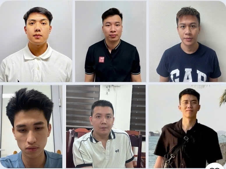 Từ trái qua phải (hàng trên) các đối tượng: Ngô Văn Thắng, Nguyễn Tiến Dũng, Nguyễn Quang Trường; (hàng dưới) Nguyễn Văn Hoà, Huỳnh Tấn Trọng và Lê Tấn Sang. (ảnh Công an Thanh Hóa)
