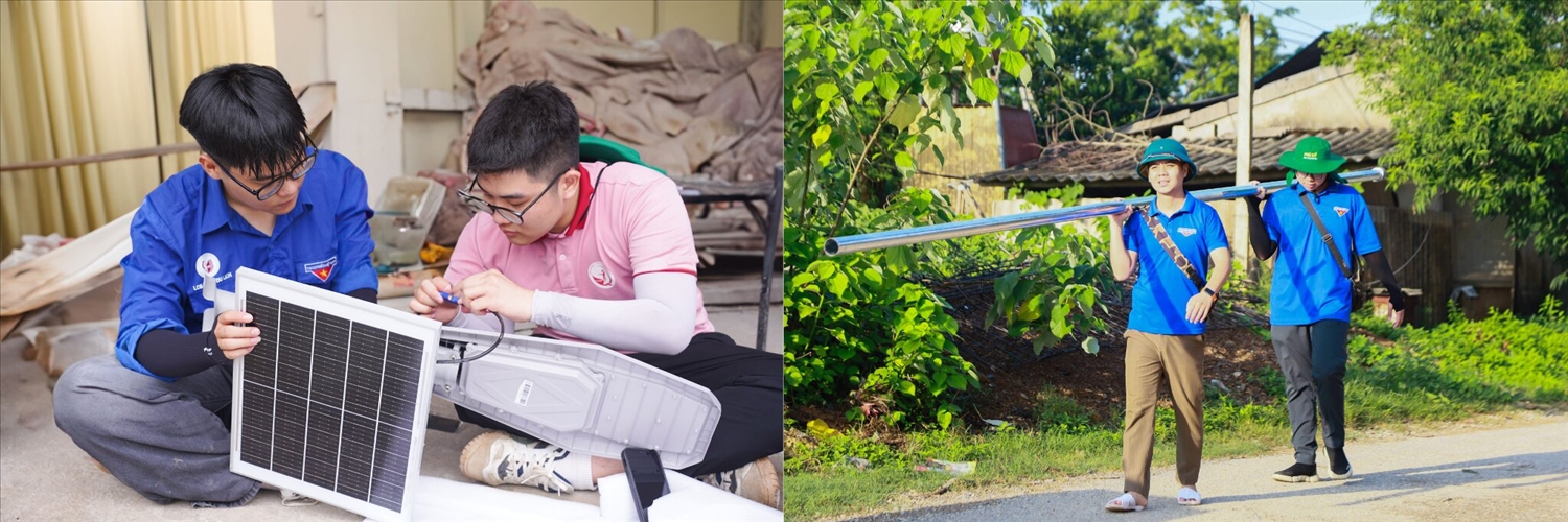 Việc lắp 100 cột đèn giữa trời nắng gắt và địa hình dốc, nhiều suối là thách thức lớn với các sinh viên Trường Đại học Văn hoá Hà Nội.