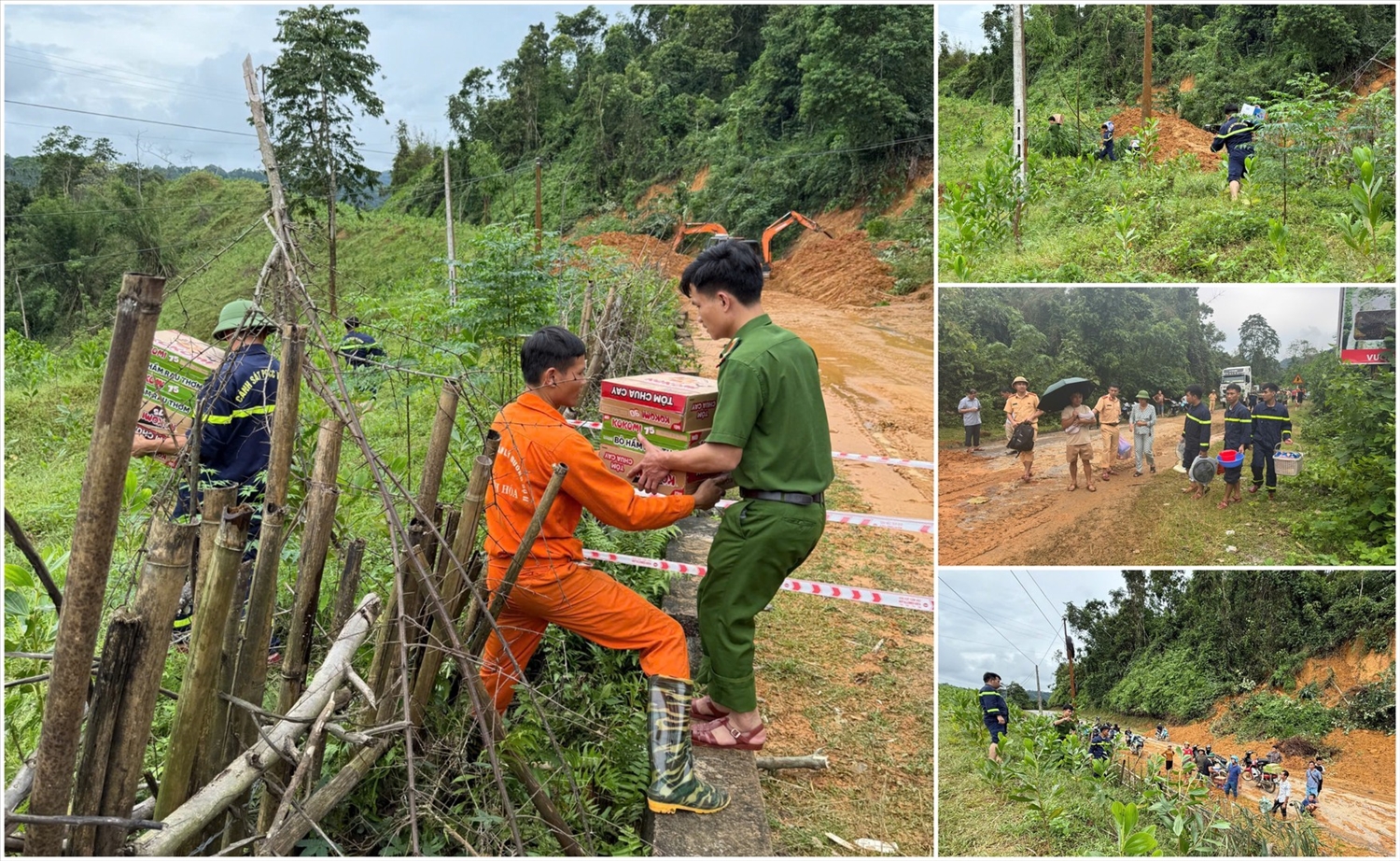 Công an Thành Hoá cõng lương thực, thực phẩm cứu hộ nhân dân xã Yên Nhân.(ảnh Thái Thanh)