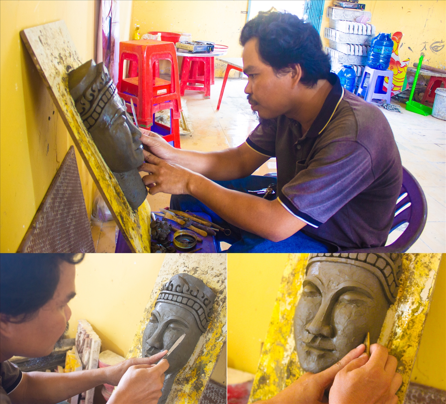 Anh Danh Sà Rươl, người đang trực tiếp 'điểm tô' sắc màu cho chùa, chia sẻ: 'Điều quan trọng nhất của người thợ là phải hiểu văn hóa, nắm rõ ý nghĩa của các bức tượng và từng họa tiết để dùng cho hợp lý, không bị sai sót'.