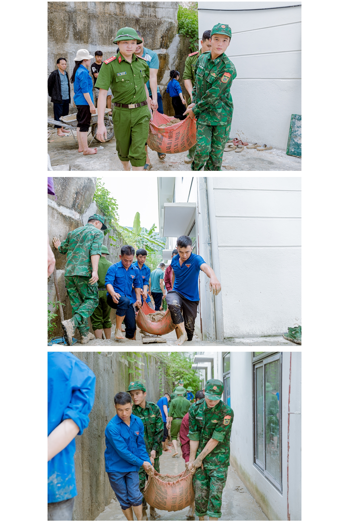 Từ hành lang chật hẹp, những bao đất nặng trĩu được chuyền tay, góp phần làm sạch từng mét vuông sân trường.