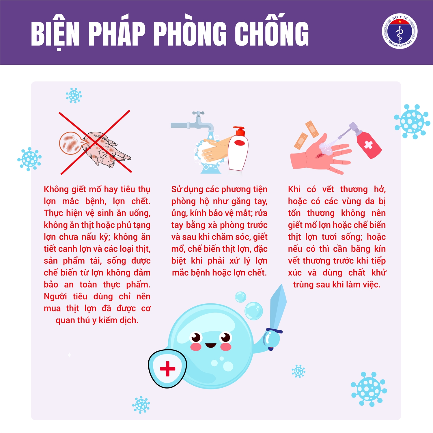 Bộ Y tế khuyến cáo không giết mổ hay tiêu thụ thực hiện vệ sinh ăn uống, không ăn thịt hoặc phủ tạng lợn chưa nấu kỹ; không ăn tiết canh lợn và các loại thịt, sản phẩm tái, sống được chế biến từ lợn không đảm bảo an toàn thực phẩm