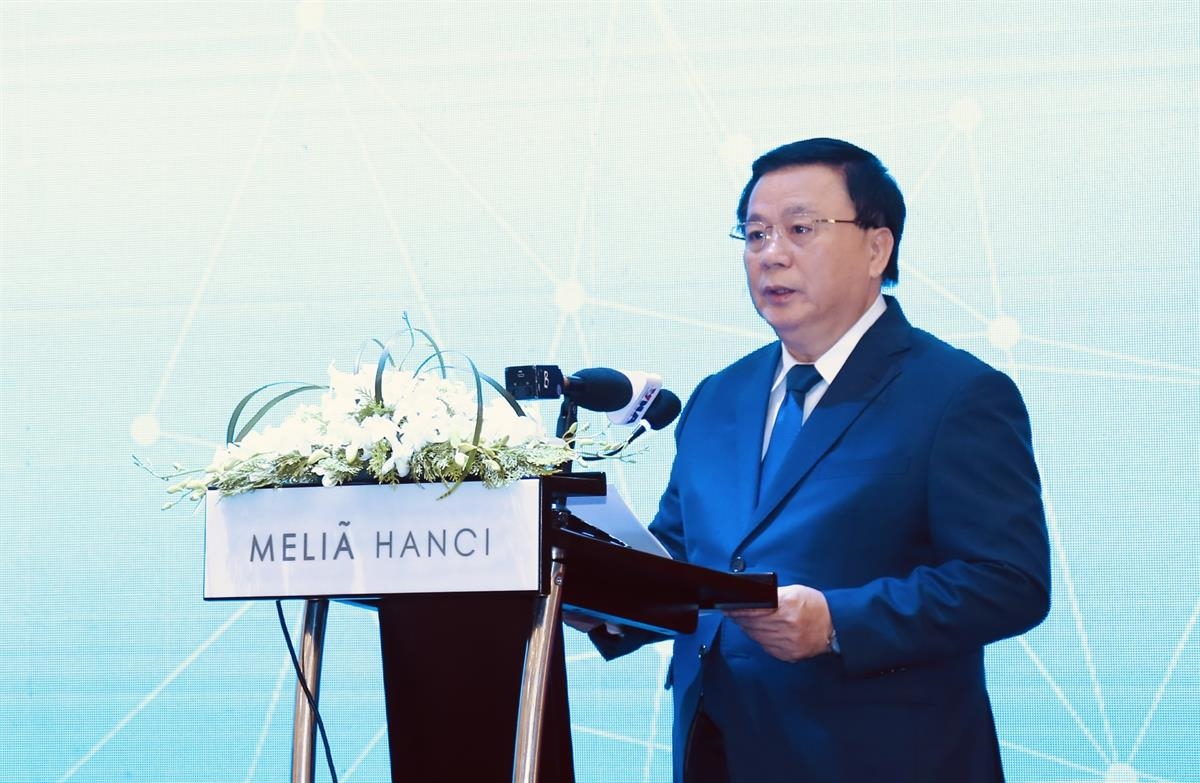 Ủy viên Bộ Chính trị, Giám đốc Học viện Chính trị quốc gia Hồ Chí Minh Nguyễn Xuân Thắng phát biểu khai mạc Diễn đàn
