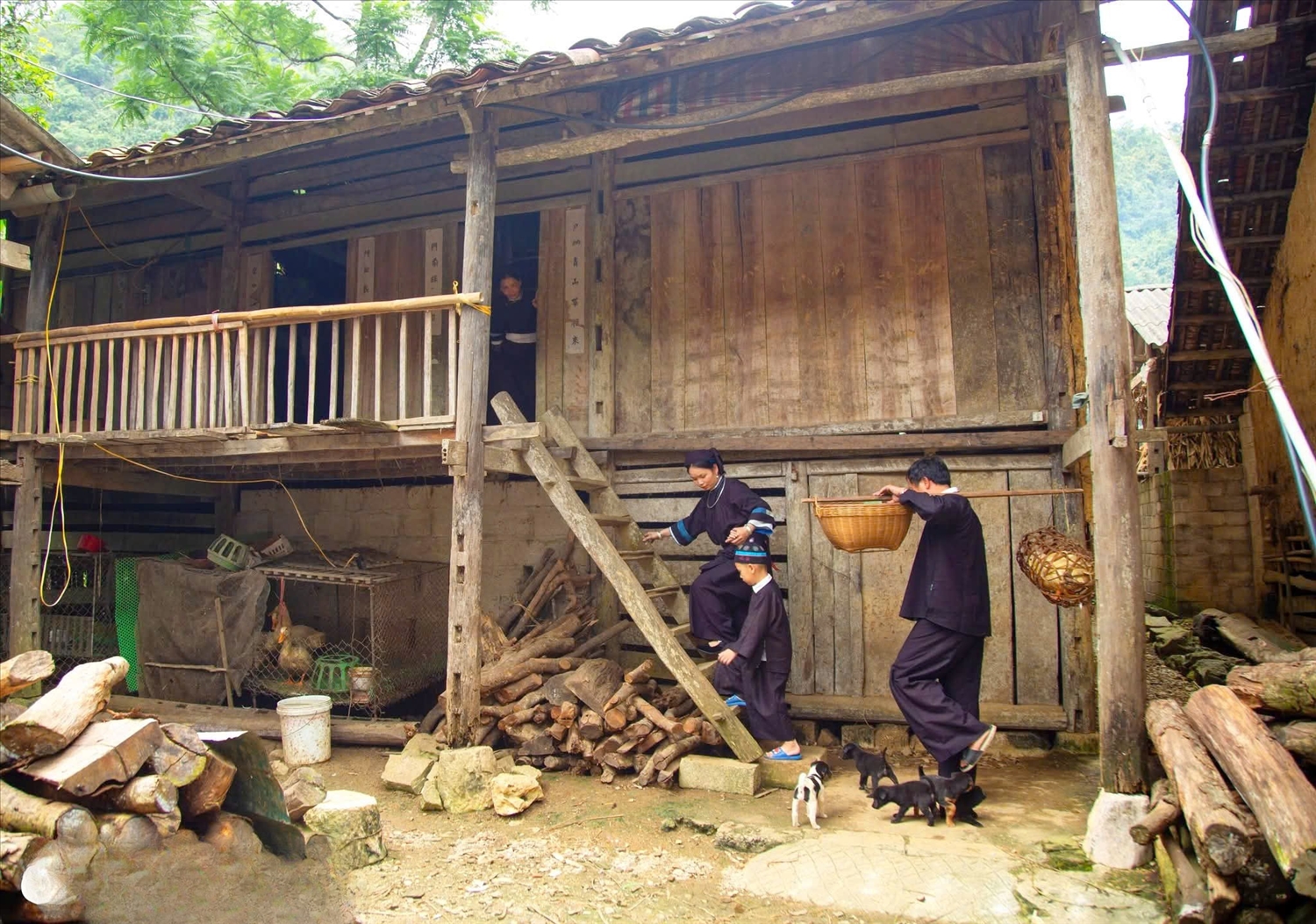 Trước hiên nhà sàn, ông bà ngoại chờ đón – niềm vui sum họp sáng bừng khuôn mặt.