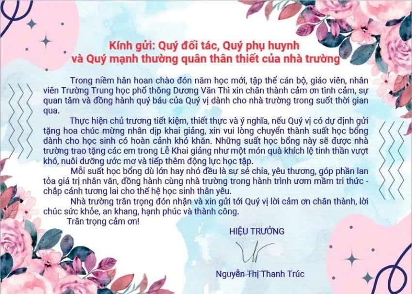Thư ngỏ của Trường THPT Dương Văn Thì gửi quý đối tác và cha mẹ học sinh. Ảnh: NTCC