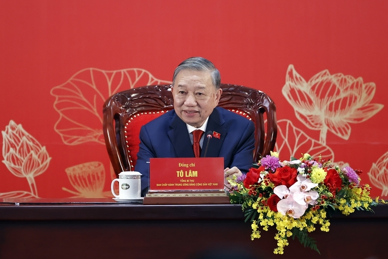 Tổng Bí thư Tô Lâm phát biểu tại Họp báo quốc tế thông báo kết quả Đại hội XIV của Đảng - Ảnh: VGP/Nhật Bắc