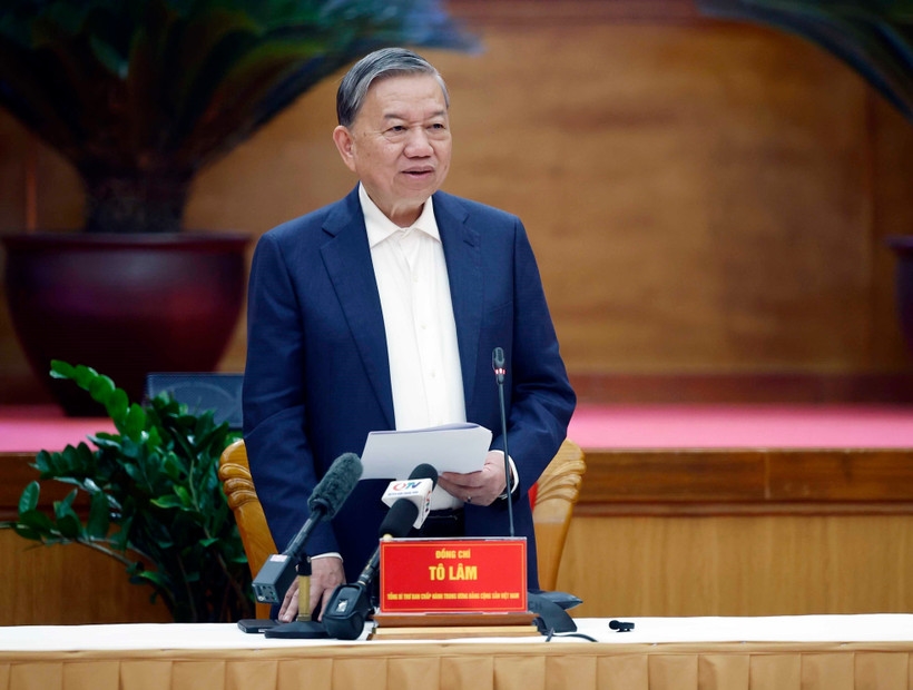 Tổng Bí thư Tô Lâm phát biểu tại buổi làm việc với Ban Chấp hành Đảng bộ tỉnh Quảng Ninh. (Ảnh: Thống Nhất/TTXVN)