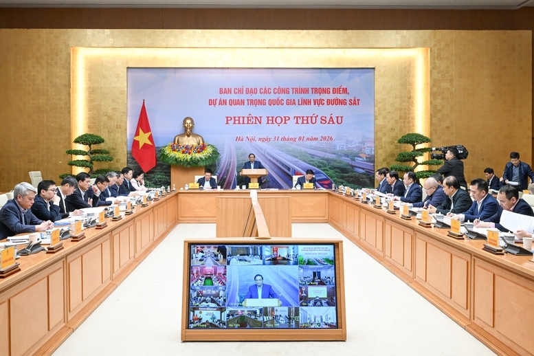 Thủ tướng Phạm Minh Chính chủ trì phiên họp thứ sáu Ban Chỉ đạo các công trình, dự án quan trọng quốc gia lĩnh vực đường sắt - Ảnh: VGP/Nhật Bắc