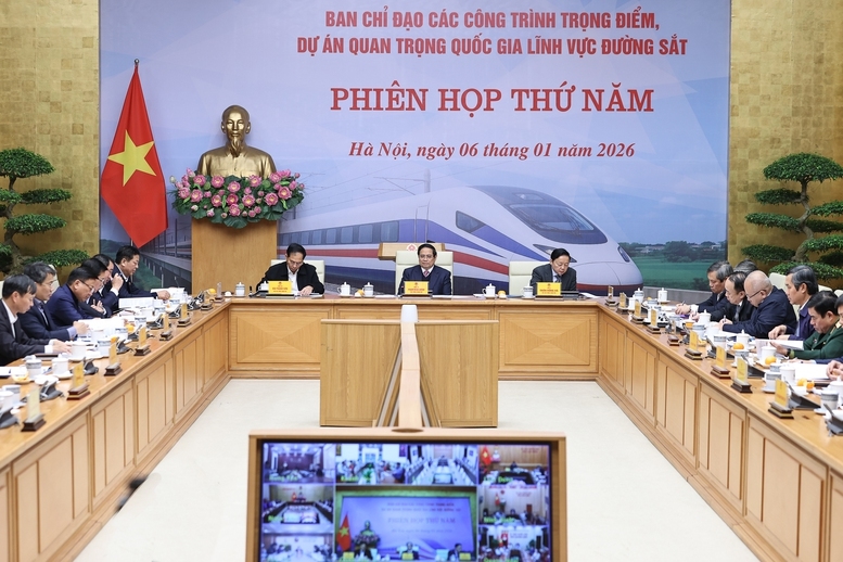 Thủ tướng Chính phủ Phạm Minh Chính, Trưởng Ban Chỉ đạo các công trình trọng điểm, dự án quan trọng quốc gia lĩnh vực đường sắt chủ trì phiên họp thứ năm của Ban Chỉ đạo - Ảnh: VGP/Nhật Bắc