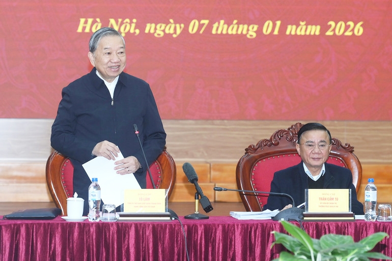 Tổng Bí thư Tô Lâm phát biểu chỉ đạo tại cuộc làm việc với Ban Chính sách, Chiến lược Trung ương. (Ảnh: Đăng Khoa) 