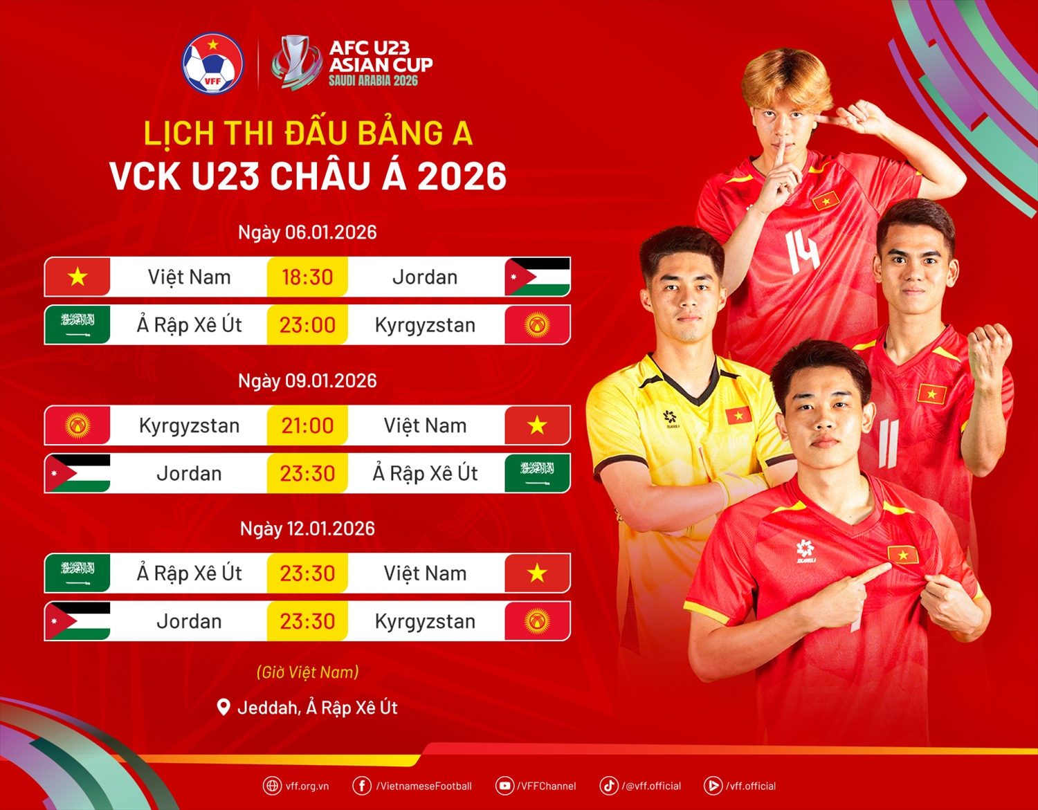 Lịch thi đấu của U23 Việt Nam tại bảng A VCK U23 châu Á 2026 (Ảnh IT)