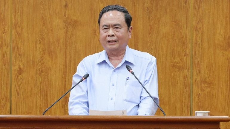 Chủ tịch Quốc hội Trần Thanh Mẫn phát biểu tại buổi gặp mặt. (Ảnh: THANH TÂM)